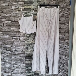 Miss Avenue Crop Sleeveless Top & Wide-leg High-rise Pants Set White Stripe Med